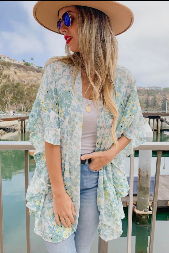 Sage Floral Printed Ruffle Sleeve Kimono