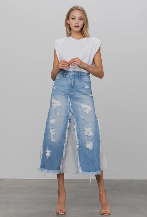 Long Length Paneled Denim Skirt