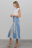 Long Length Paneled Denim Skirt