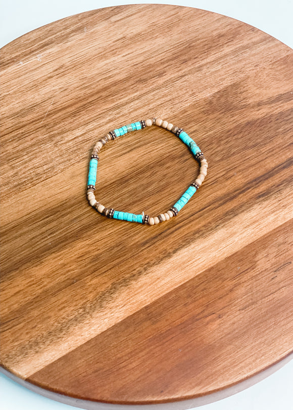 Turquoise, Wood, & Copper Bracelet